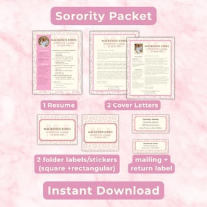 Sorority Packet with Photo | Pink Sorority Resume Template + Free Matching Cover Letter & Recruitment Letter | Editable Canva PNM Bundle