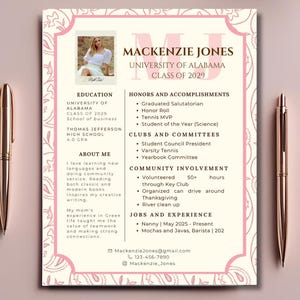 May include: A resume template with a pink paisley border and the name "Mackenzie Jones" at the top. The resume includes education, honors, clubs, community involvement, and job experience. A photo of a woman is in the upper left corner.