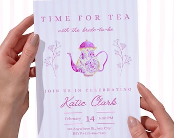 Garden Tea Party Bridal Shower Invitation | Pink Floral Teapot (Digital Download)