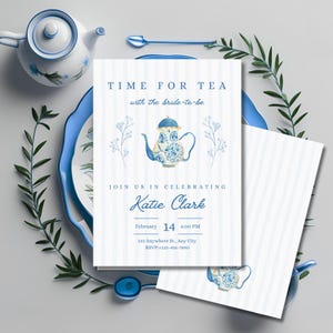 Editable Tea Party Bridal Shower Invitation Template | Blue Floral Teapot Design | Bride-to-Be High Tea Printable Invite | Instant Download