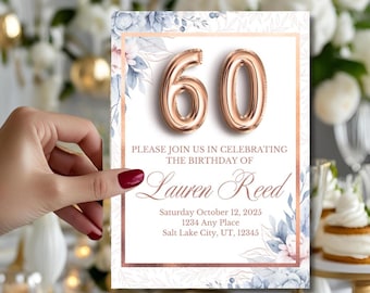 60th Birthday Invitation | Rose Gold Floral, Milestone Party (Digital Editable Canva Template)
