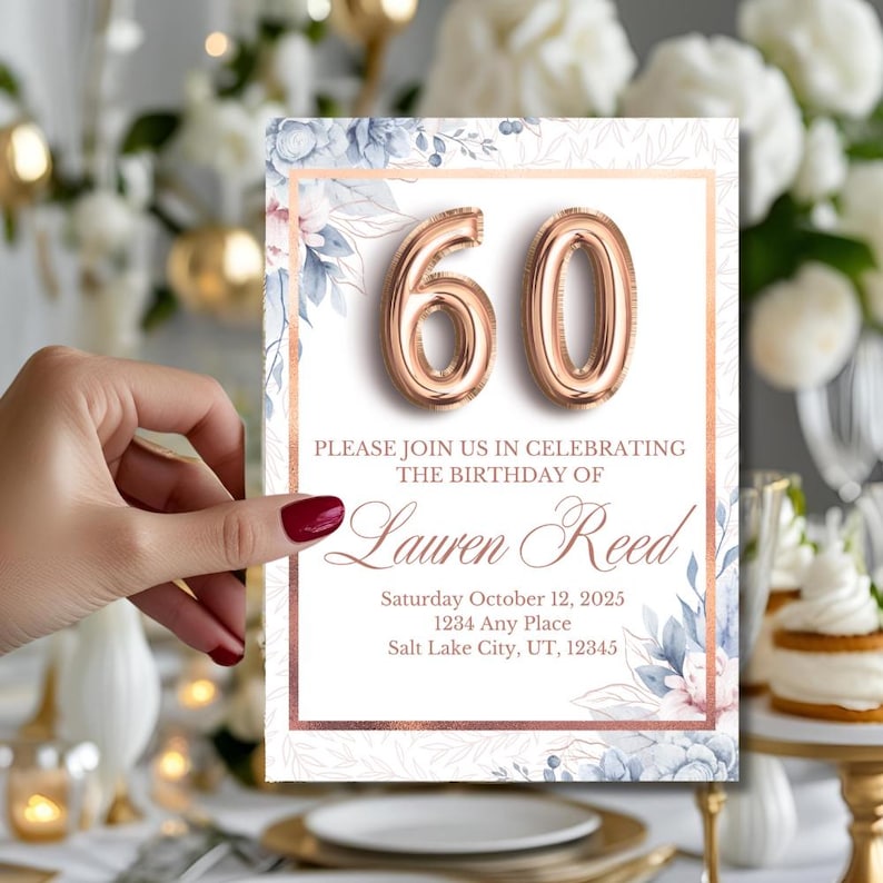 60th Birthday Invitation | Rose Gold Floral, Milestone Party (digital ...
