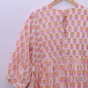 Pink Floral Hand Block Print Cotton Dress: Indian Summer Midi Mini Dress