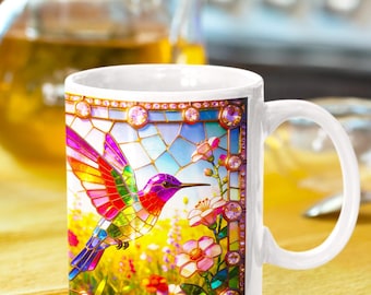 Floral Hummingbird Mug, Stained Glass Style Coffee Mug, Mother's Day Gift, 11 oz and 15 oz