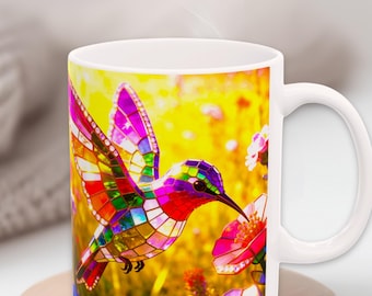 Floral Hummingbird Mug, Stained Glass Style Coffee Mug, Mother's Day Gift, 11 oz and 15 oz