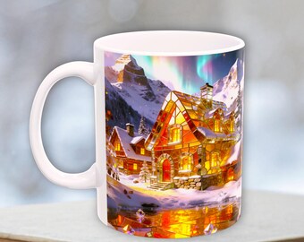 White coffee mug with aurora borealis mountain landscape and night sky, a gift for nature lovers