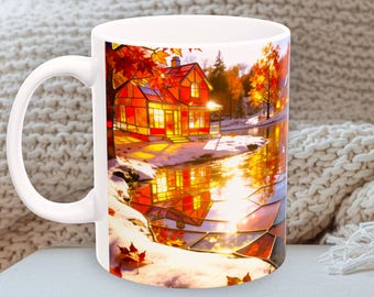 Snowy Lake Landscape White Ceramic Mug · Stained Glass Style · All White Handle & Interior · Cozy Winter Coffee Mug
