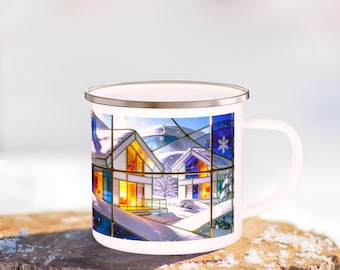 Camping mugs for motorhomes and hiking, stained glass mug with snowy landscape, deer lovers, bears