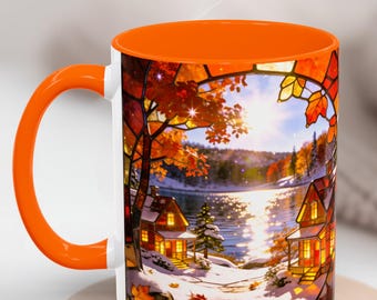 Stained glass mug with winter cabin design, coffee mug with snowy landscape in moonlight, gift for mom