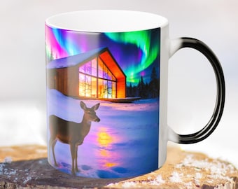 Heat sensitive Northern Lights mug Modern glass cabin Gift for maple lovers, inspired by Finland  Color-changing coffee mug