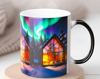 Heat Sensitive Northern Lights Mug · Modern Glass Cabin · Finland Inspired Aurora Gift 11 oz