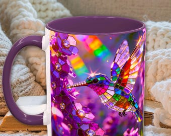 Floral Hummingbird Mug, Stained Glass Style Coffee Mug, Mother's Day Gift, 11 oz and 15 oz