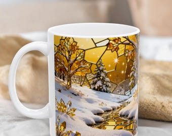 Mother’s Day Mug for Mom – Stained Glass Snowy Gold – Golden Trees Snow Scene, Cute Coffee Cup, Mom Gift
