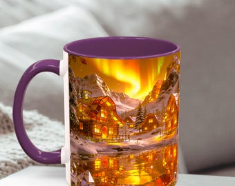 Aurora Borealis Winter Cabin Mug · Modern Snowy Landscape · 11oz 15oz Color Accent Coffee Cup