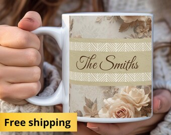 Personalized Name Mug 11oz & 15oz, Shabby Chic Floral Design, Vintage Coffee Mug Gift, wedding keepsake and bachelorette party favor