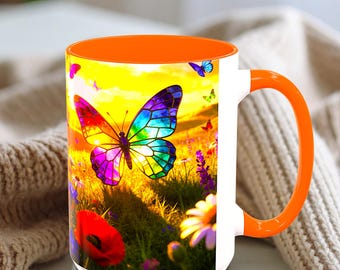 Stained glass mug with butterfly design, two-tone coffee mug, gift for nature lovers Coffee Mug (11, 15oz)