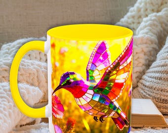Floral Hummingbird Mug, Stained Glass Style Coffee Mug, Mother's Day Gift, 11 oz and 15 oz