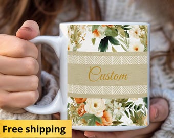 Personalized Name Mug 11oz & 15oz, Shabby Chic Floral Design, Vintage Coffee Mug Gift, wedding keepsake and bachelorette party favor
