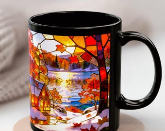 Snowy Lake Landscape Black Ceramic Mug · Stained Glass Style · Color Handle & Interior · Cozy Winter Coffee Mug