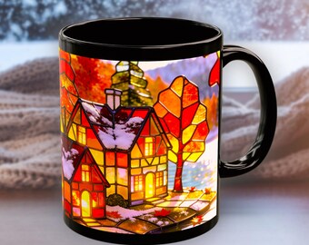 Stained glass mug with winter cabin design, coffee mug with snowy landscape in moonlight, gift for mom