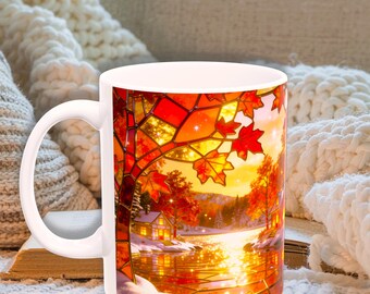 Ceramic mug with stained glass mountain and lake design, 11 or 15 oz