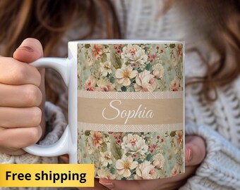Personalized Name Mug 11oz & 15oz, Shabby Chic Floral Design, Vintage Coffee Mug Gift, wedding keepsake and bachelorette party favor