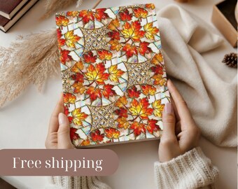 Mother’s Day Notebook for Mom – Stained Glass Maple Leaf Journal, Crystal Inspired Art, Autumn Floral Diary, Gift for Mom, Cute Journal