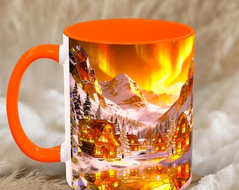 Stained glass mug with winter cabin design, coffee mug with snowy landscape in moonlight, gift for mom
