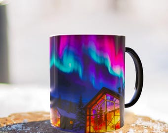 Modern Glass Cabin ·Heat Sensitive Northern Lights Mug Alaska Inspired Aurora Gift