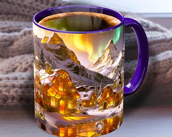 Northern Lights coffee mug with colorful handles and interior, night sky mountain landscape, nature gift