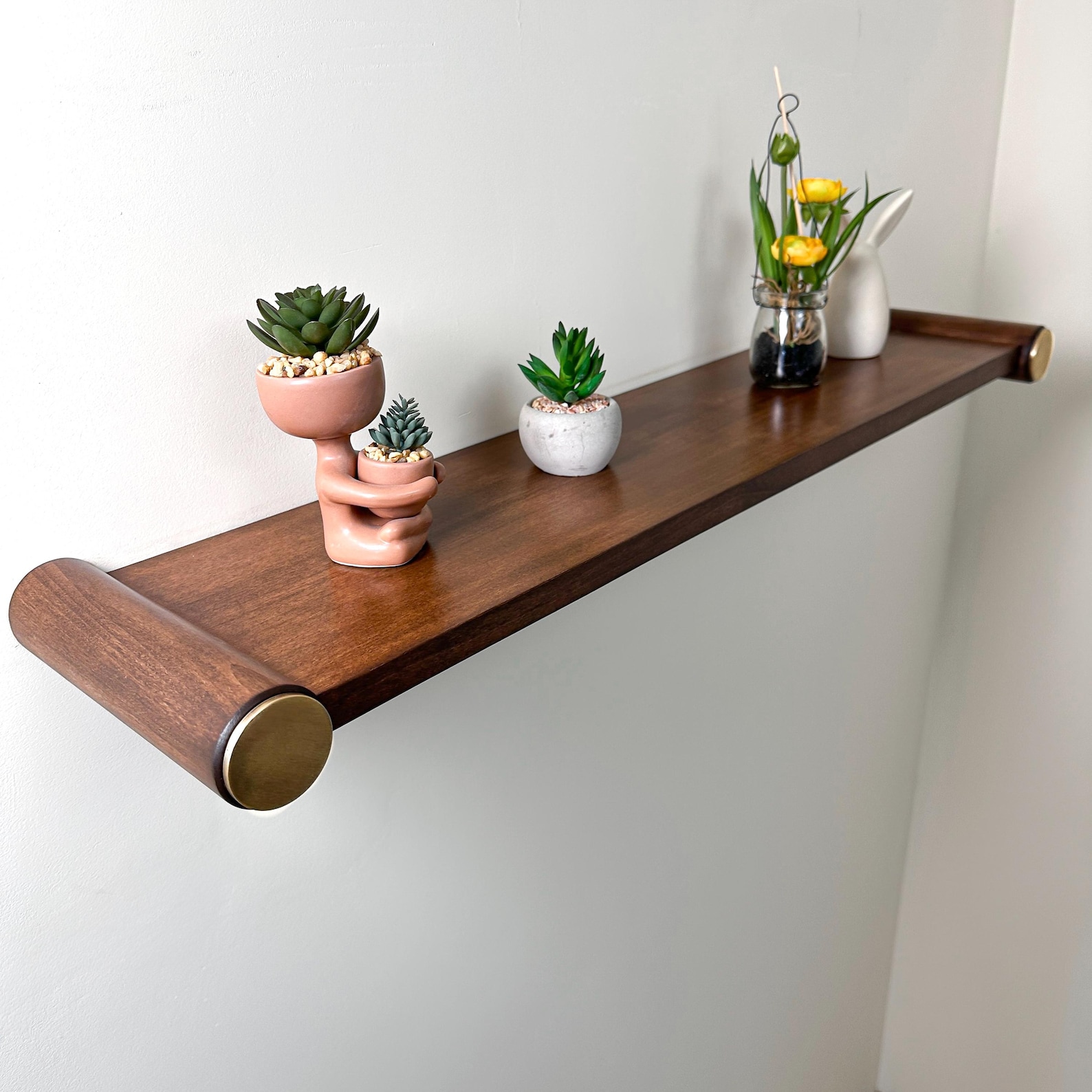 Modern Floating Wall Shelf Solid Wood With Brass End Caps, Mid Century