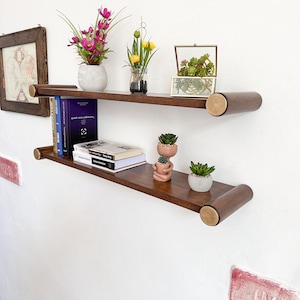 Minimalist Wooden Wall Shelf with Cylindrical Brass Supports, Mid-Century Modern Floating Shelves, Walnut Book Shelf, Wood Wall Decor