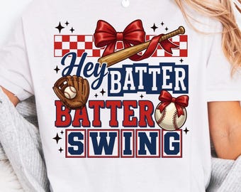 Hey Batter Batter Swing Shirt | Coquette Baseball Tee | Red Bow Softball Mom T-Shirt | Cute Game Day Outfit | Comfort Colors Sports Apparel
