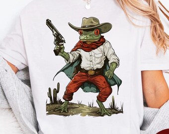 Cowboy Frog Shirt | Funny Western Outlaw Tee | Vintage Wild West Toad Graphic | Retro Comic Animal T-Shirt | Comfort Colors Meme Apparel