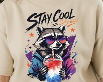 Stay Cool Stay Wild Raccoon Shirt | Funny Trash Panda Tee | Retro Summer Slushie Graphic Top | 80s Aesthetic Outfit | Comfort Colors