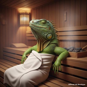 Iguana in Sauna, Relaxed Lizard Loving Life, Quirky Wall Art, Funny Digital Download, Printable Art for Home, Office, Salon, Dorm, a Gift!