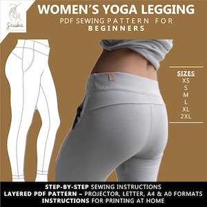 Könnte beinhalten: Eine hellgraue Yoga-Leggings mit hohem Bund wird gezeigt. Das Bild enthält eine Strichzeichnung der Leggings und den Text "WOMEN'S YOGA LEGGING PDF SEWING PATTERN FOR BEGINNERS". Die Größen XS bis 2XL sind angegeben.