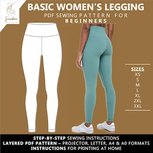 Puede incluir: Un par de leggings de color verde azulado se muestra junto a un dibujo lineal blanco de leggings. La imagen incluye el texto "BASIC WOMEN'S LEGGING PDF SEWING PATTERN FOR BEGINNERS" y opciones de tallas de XS a 3XL. La imagen también incluye el texto "STEP-BY-STEP SEWING INSTRUCTIONS" y "INSTRUCTIONS FOR PRINTING AT HOME."