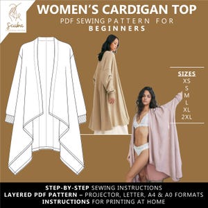 May include: A digital sewing pattern for a women's cardigan top. The image shows a line drawing of the cardigan, along with photos of the garment in different colors. Text includes "WOMEN'S CARDIGAN TOP" and size options from XS to 2XL.