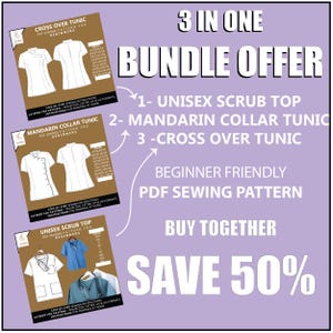 Peut inclure: Visuel promotionnel pour un lot de trois patrons de couture PDF pour débutants. Les patrons incluent un haut de gommage unisexe, une tunique à col mandarin et une tunique croisée. L'image a un fond violet avec le texte "Économisez 50%" et "Achetez ensemble".