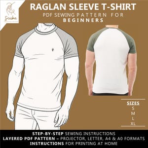 Może przedstawiać: Wzór szycia białej koszulki z rękawem raglanowym dla początkujących. Wzór zawiera instrukcje krok po kroku i jest dostępny w rozmiarach S, M, L i XL. Obraz przedstawia widok z przodu i z tyłu projektu koszulki.