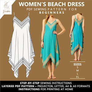 May include: A digital sewing pattern for a women's beach dress. The image shows a white line drawing of the dress, and two women wearing the dress in turquoise. The text reads "WOMEN'S BEACH DRESS PDF SEWING PATTERN FOR BEGINNERS".