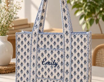 Personalized Quilted Cotton Tote Bag | Hand Block Print Floral Design (Embroidered Name)