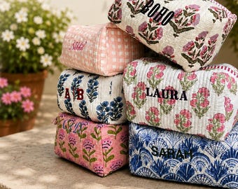 Hand Block Printed Cosmetic Bags | Custom  Embroidered Name/Initial | Bridesmaid Gift | Cotton Quilted Makeup Pouch