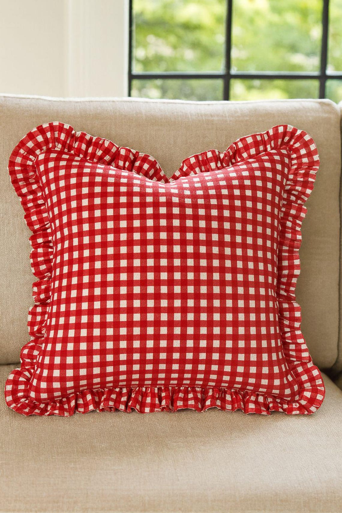Red Gingham Ruffle Pillow Cover | Farmhouse Checkered Cushion | 100% ...