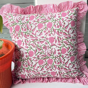 Pink Floral Block Print Pillow Cover with Ruffle | Handcrafted Cotton Cushion | Indian Boho Throw Pillow | 16x16 Ruffled Pillow Sham&quot;