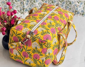 Pink Floral Cotton Quilted Duffle Bag | Handmade Block Print Weekender Bag | Christmas Gift