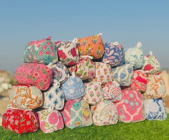 Large Quilted Toiletry Bag | Cotton Block Print Cosmetic Organizer | Travel Makeup Storage Bag |