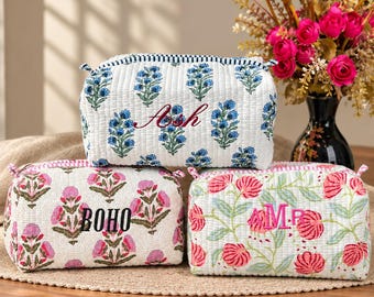 Personalized Cotton Quilted Makeup Pouch | Handmade Block Print Bag For Gift For Party Favor | Custom Embroidered Names