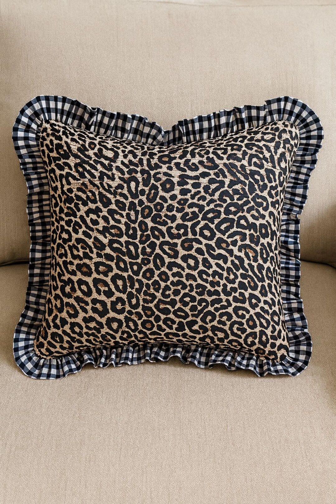 Leopard Print Ruffle Pillow Cover | Gingham Border Cushion Cover | 100% ...